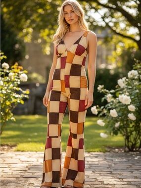 Patchwork V-Neck Knit Jumpsuit in Multicolor Earthtones